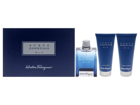 Acqua Essenziale Blu by Salvatore Ferragamo for Men - 3 Pc Gift Set 3.4oz EDT Spray, 3.4oz Shower Gel, 3.4oz After Shave Balm Supply